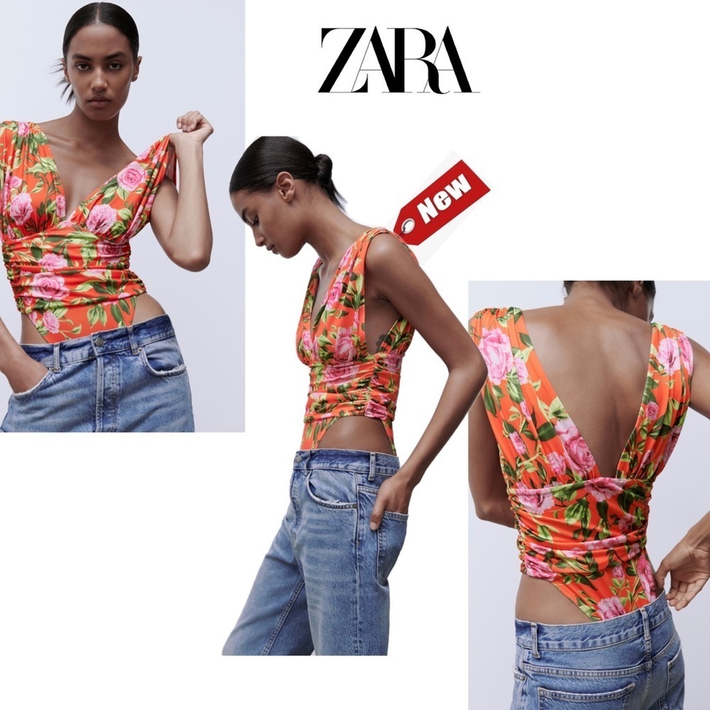 Zara red pink green rose floral flower tropical ruched bodysuit Sz S NWT